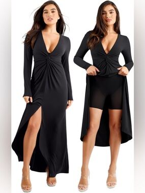 Popilush Shapewear Deep V Bias Twist Front Slit Hourglass Maxi Dress Black Large